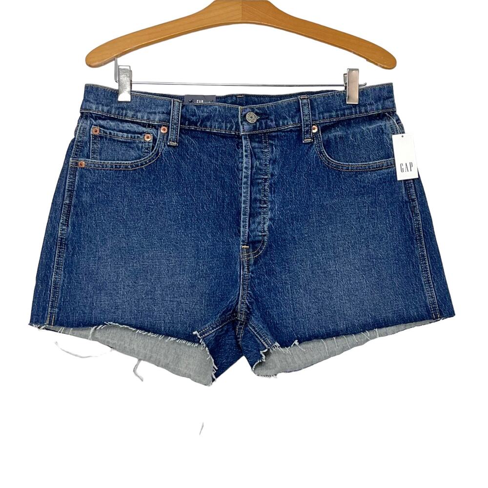 Gap High Rise Denim Shorts Sz 14 Dark Wash Cutoff Button Fly Stretch Cheeky